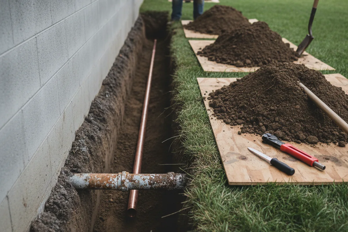 Excavated water line trench during Water Softener Installation in Great Barrington